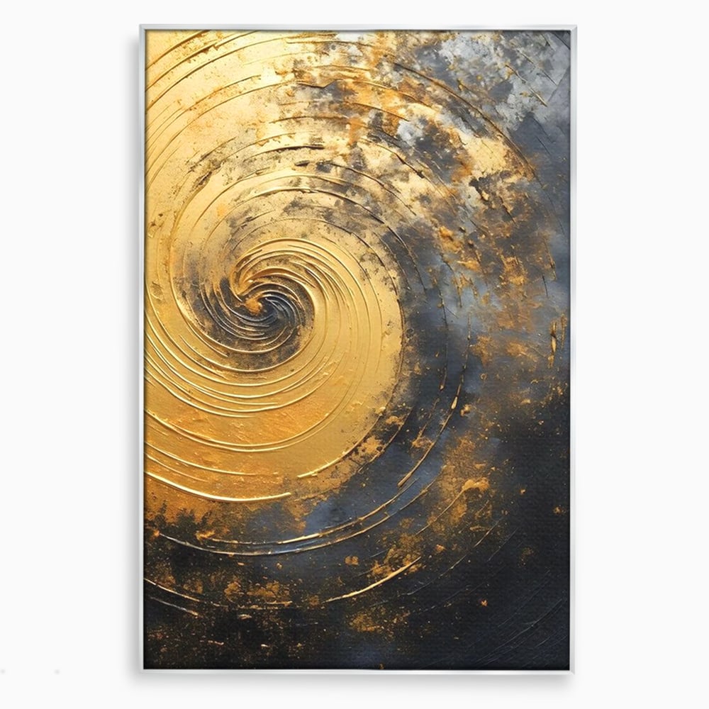 Tablou canvas cu pictura abstracta cu spirala aurie, in rama de aluminiu argintiu
